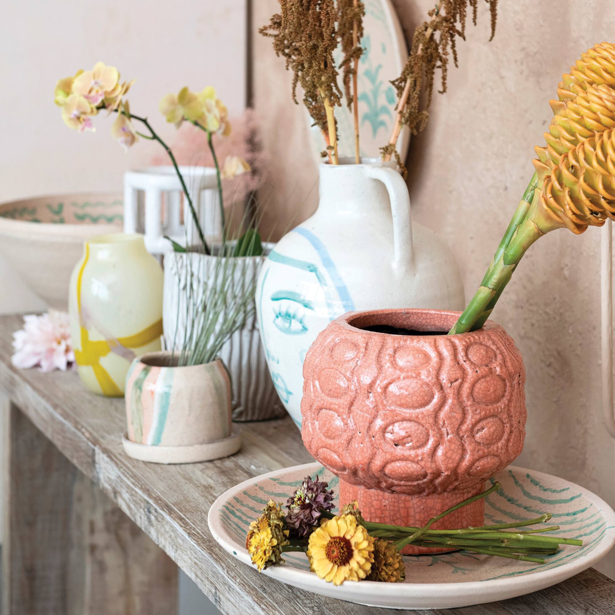 Hello Honey® 9" Coral Crackle Glaze Embossed Terra Cotta Footed Vase Planter